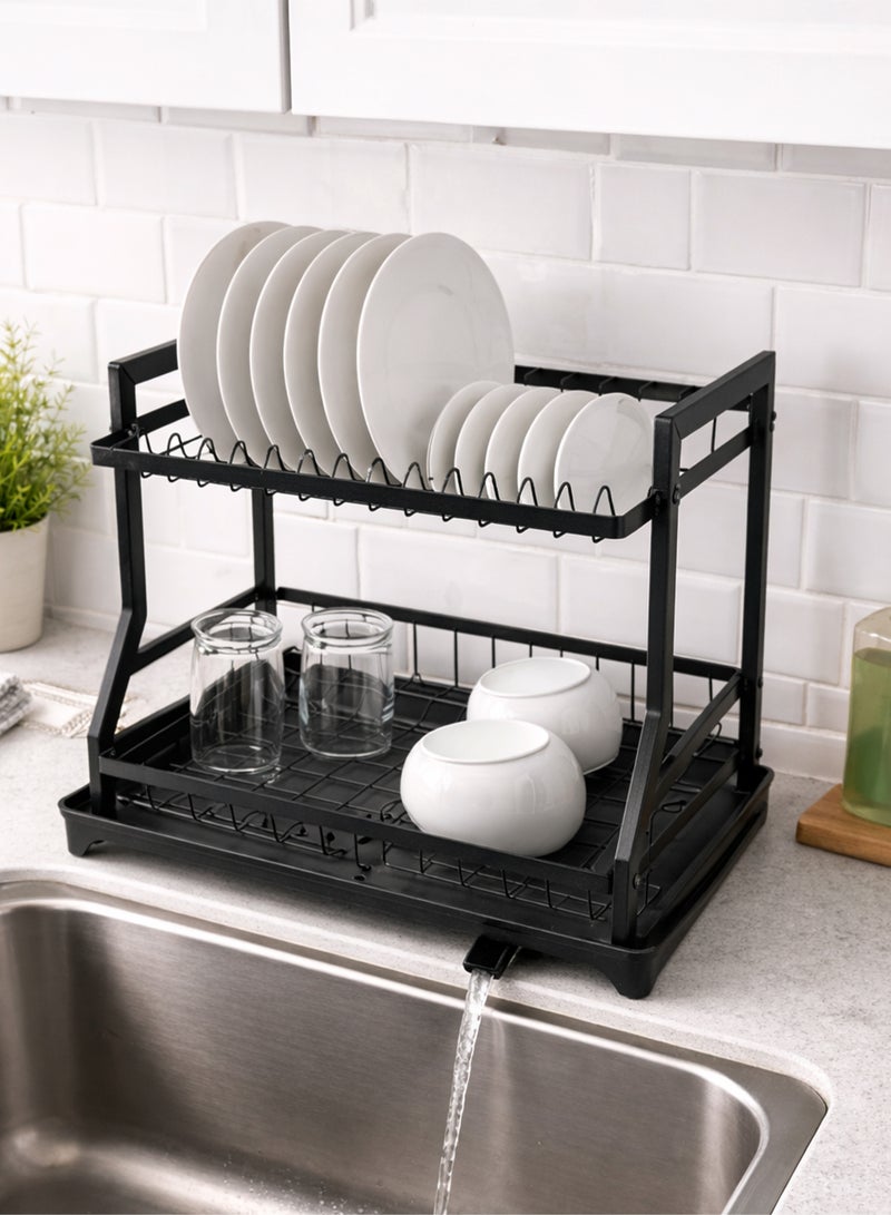 Toshionics 2-Tier Dish Drying Rack with Drainboard Tray, Rotatable Drainage System, Scratch-Resistant Frosted Baking Coating, Black T114616 - Image 1
